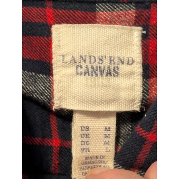 Lands' End Canvas Cotton Red Navy Plaid Pocket Flannel Button Up Shirt Mens M - Picture 3 of 10